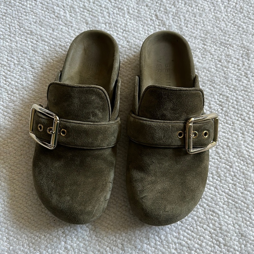 Bettina Vermillon suede green grey buckle clogs luxury designer shoes